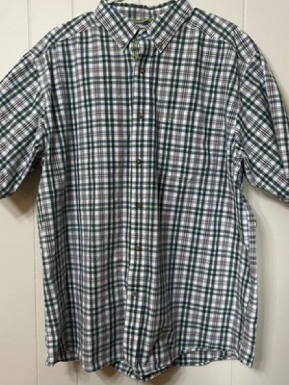 Ariat Pro Series Short Sleeve Button Down Shirt Plaid Green Navy White Mens XL